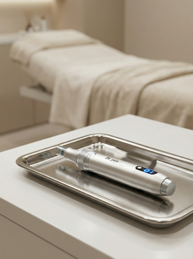 Professionelles Microneedling-Instrument auf einem sterilen Untergrund in einem modernen Kosmetikstudio.