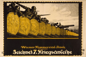 Eine Gruppe von Helmetträgern mit Waffen, mit 'Wiener Kommmerzial Bank' Text unten, auf einem deutschen Weltkriegspropagandaplakat der deutschen Armee.