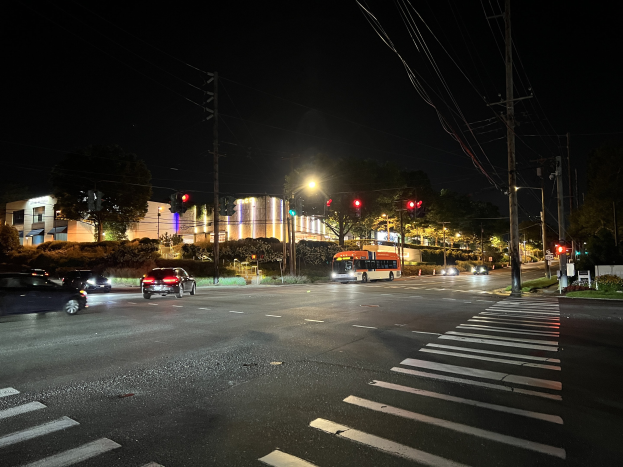 Eine nächtliche Stadtstraße mit fahrenden Autos, einem Bus, Laternen, Ampeln, Strommasten mit Kabeln, Bäumen, Pflanzen, Gras und Gebäuden vor einem dunklen Himmel.