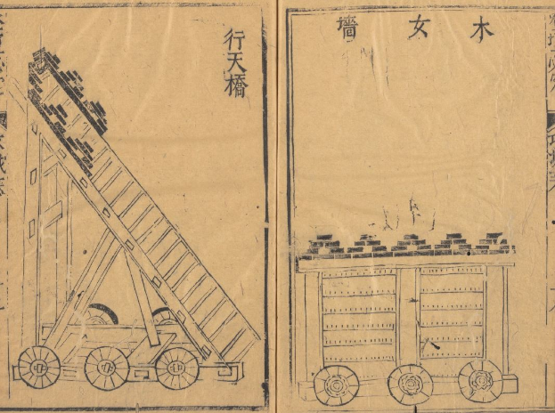 Ein altes Buch mit chinesischer Schrift und einer Zeichnung eines Lkw mit einem großen Vorderrad und einem kleineren Hinterrad.