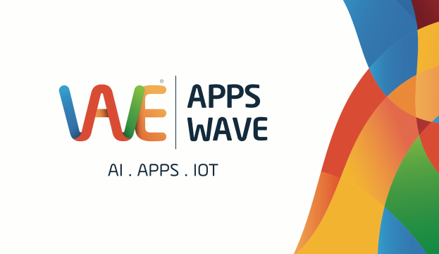 Farbenfrohes Design mit dem Text "KI, Apps, IoT" auf einem weißen Hintergrund.