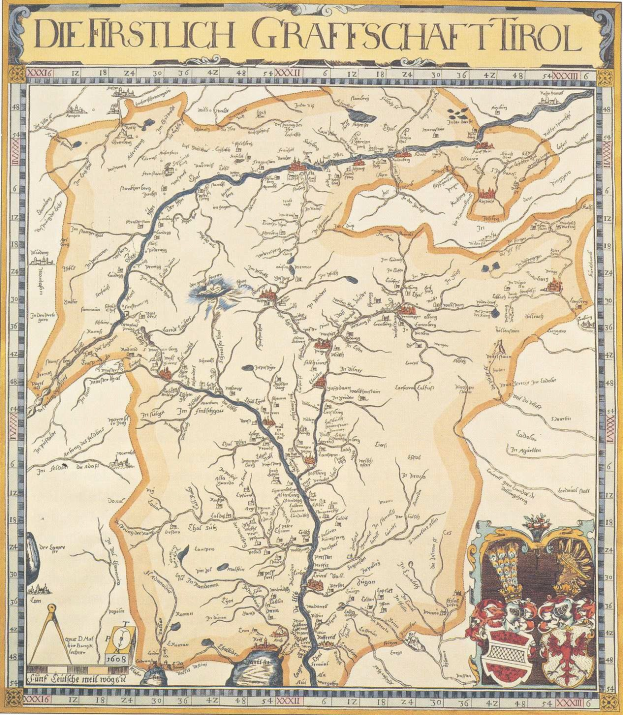 Ein detailliertes Plakat mit einer Karte der ersten Grafschaft Tirol, das geografische Merkmale wie Flüsse, Berge und Städte zeigt, begleitet von erklärendem Text.