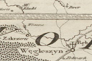 Ein detaillierter alter Stadtplan von Wegleszyn, Polen, der Straßen, Gebäude, Sehenswürdigkeiten und Text enthält, der Informationen über die Bevölkerung, Straßen und Sehenswürdigkeiten der Stadt bereitstellt.