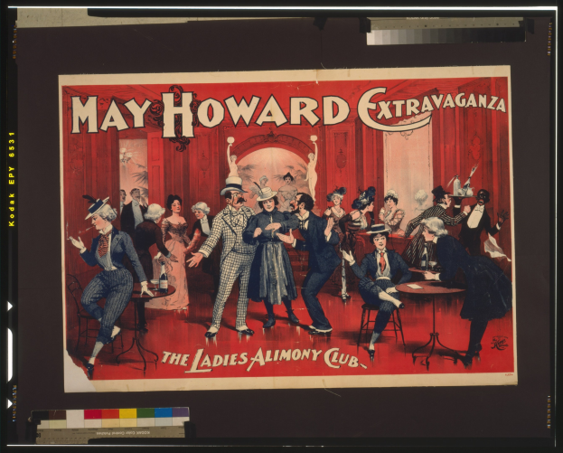 Plakat für das May Howard Extravaganza im Ladies Alimony Club, das eine Gruppe von Menschen an Tischen zeigt, mit Text.