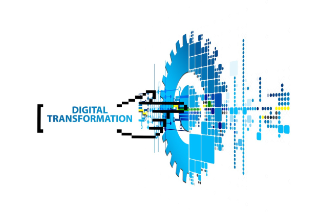 Digitalisierung-Logo mit dem Text "Digitalisierung" in der Mitte, mit blauen, schwarzen und gelben Punkten auf weißem Hintergrund.
