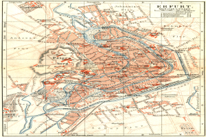 Ein detaillierter alter Stadtplan von Erfurt, Deutschland, der Straßen, Gebäude und Sehenswürdigkeiten zeigt, mit Text oben und unten.