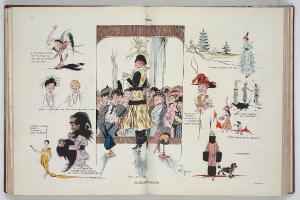 Ein aufgeschlagenes Buch auf einer flachen Oberfläche, das eine Zeichnung einer vielseitigen Gruppe von Menschen zeigt, mit begleitendem Text, der ein Modethema suggeriert.