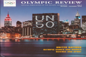 Titelbild des "Olympic Review Official Publication of the Olympic Movement"-Buchs, das eine Stadtlandschaft mit Gebäuden, Lichtern und Wasser zeigt und Text enthält, der "United Nations Olympic Games and Women Science and Sport" lautet.