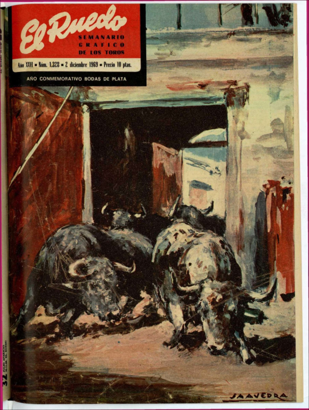 Buchumschlag mit einem Bild eines Stiers in einem Stall, mit ein paar Tieren im Vordergrund, einer Wand und einer Tür im Hintergrund und Text öber dem Bild.