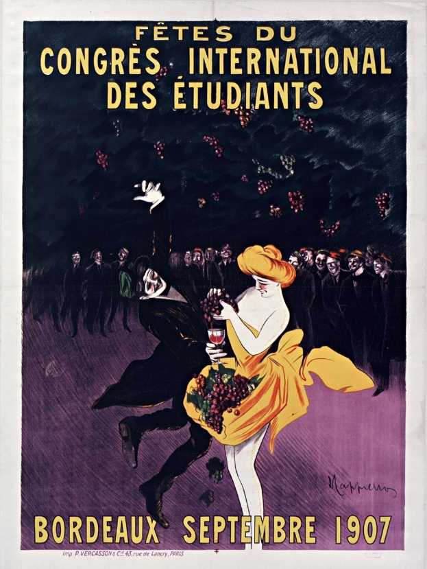 Plakat aus dem Jahr 1907 für eine Weinprobe in Bordeaux, Frankreich, mit einer Frau in gelbem Kleid, die ein Weinglas hält und von einer Menge umgeben ist.