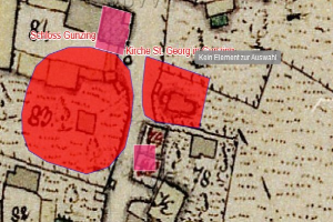 Eine Karte einer Stadt mit einem roten Hakenkreuz in der Mitte, umgeben von Text und Zahlen.