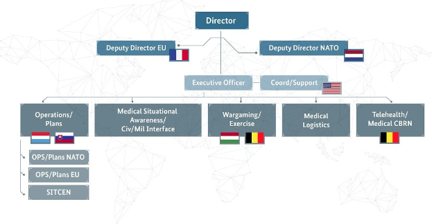 Diagramm der organisationalen Struktur der Europäischen Union mit Flaggen der Mitgliedstaaten und beschrifteten Abteilungen mit ihren Rollen.