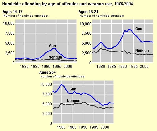 Grafik, die die Homicide-Offending-Rates nach Alter des Täters und Waffengebrauch von 1976 bis 2004 zeigt, mit begleitendem erklärendem Text.