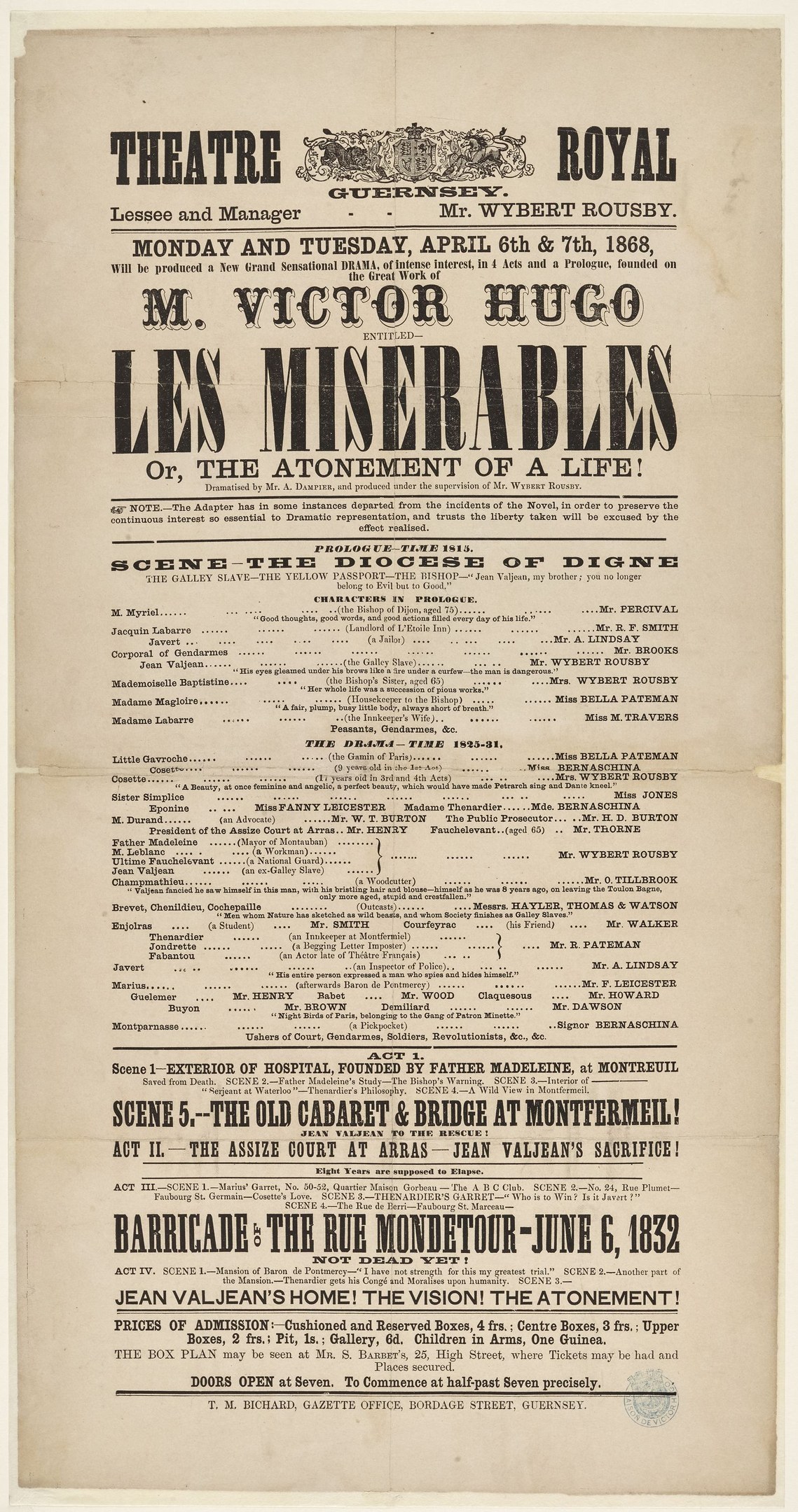 Schwarze und weiße Zeitungsanzeige für das Theatre Royal in London, England, wahrscheinlich zur Ankündigung des Stücks Les Misérables.