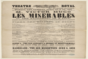 Schwarze und weiße Zeitungsanzeige für das Theatre Royal in London, England, wahrscheinlich zur Ankündigung des Stücks Les Misérables.