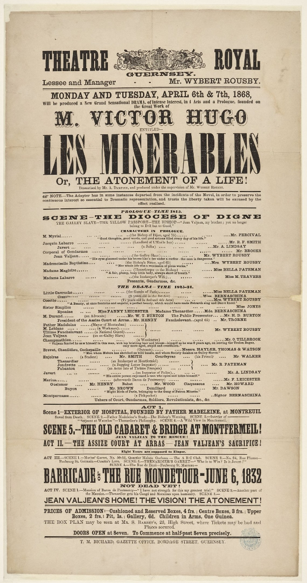 Schwarze und weiße Zeitungsanzeige für das Theatre Royal in London, England, wahrscheinlich zur Ankündigung des Stücks Les Misérables.