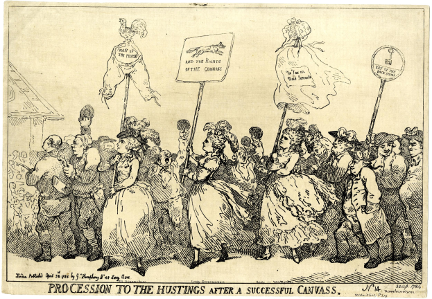 Eine Schwarz-Weiß-Illustration einer Menge mit Schildern mit der Aufschrift "Prozession zum Wahllokal nach einem erfolgreichen Canvas."