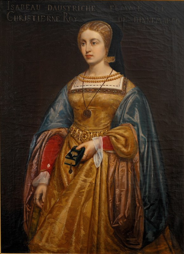 Gemälde von Isabella daustriche in einem goldenen Kleid mit feinen Details, Haar zu einem Knoten gebunden, von Christierne Roy, das eine friedliche und würdevoll aussehende Person zeigt.