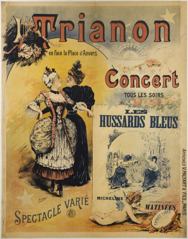 Ein Konzertplakat mit einer Frau in einem langen, hochgeschlossenen, wallenden Kleid und einem Mann im Anzug, der hinter ihr steht und die Arme verschränkt, beide mit ernsten Gesichtern.