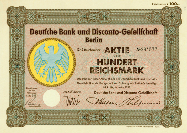 Alte deutsche Banknote mit einer Vogeldarstellung und dem Text 'Deutsche Bank und Disconto-Gesellschaf Berlin'.