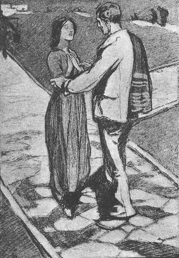 Schwarzes und weißes Bild eines Mannes und einer Frau, die nebeneinander stehen und sich an den Händen halten, mit dem Text "The Kiss" unten.