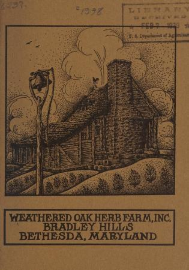 Ein abgewetzter Buchumschlag mit einer Illustration des Weathered Oak Herb Farm in Bradley Hills, Bethesda, Maryland, mit einem Haus, grünem Gras und Vögeln am Himmel.