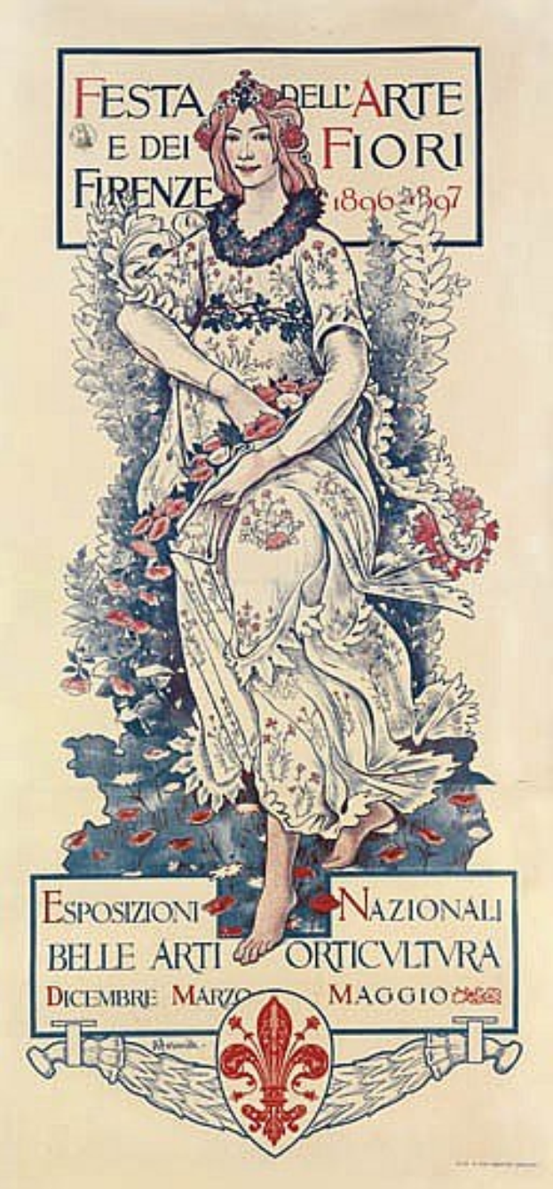 Plakat für ein italienisches Festival, das eine Frau in einem weißen, hochgeschlossenen Kleid mit langen Ärmeln zeigt, deren Haare zu einem Dutt gebunden sind, vor einem hellblauen Hintergrund mit fetter schwarzer Schrift.