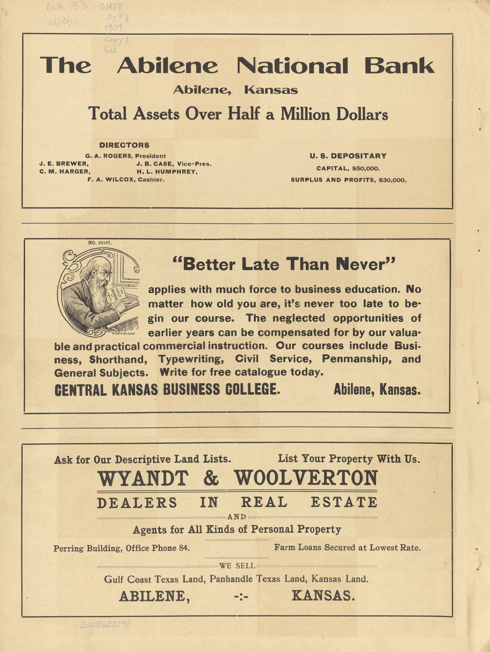 Schwarze und weiße Zeitungsanzeige für die Abilene National Bank mit einem Personenbild in der Mitte und Text, der Bankdienste beschreibt.