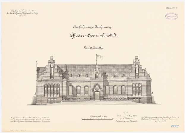 Eine Zeichnung des Hauptsaals des Deutschen Parlaments in Berlin mit einer Flagge oben drauf, begleitet von Text.