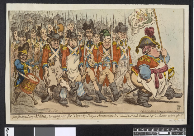 Gruppe von Männern in Militäruniformen marschiert auf einer Straße, einer hält einen Stock in der Hand, mit Text 'Ergänzender Landsturm, Ausmarsch für Zwanzig-Tage-Vergnügen' unten.