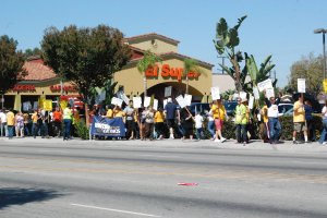 Eine Gruppe von Menschen mit Schildern, die durch die Landschaft gehen, mit Bäumen, Büschen, einem Banner, einem Gebäude mit Namensschildern, Autos und aktuellen Umfragen im Hintergrund.