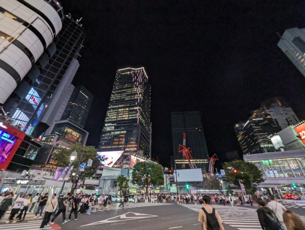Eine belebte Stadtstraße bei Nacht mit Menschen, die überqueren, hohen erleuchteten Wolkenkratzern im Hintergrund, Bäumen, Pfosten, Brettern und Verkehrszeichen.
