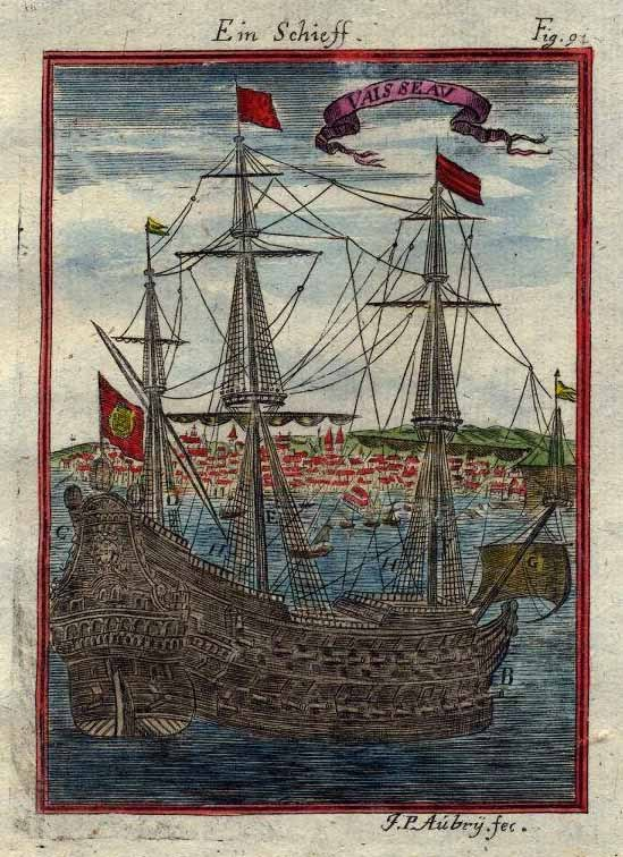 Eine Vintage-Illustration eines Segelschiffs mit geblähten Segeln, umgeben von Flaggen und Text in einer klassischen Schriftart.