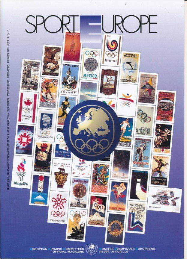 Ein Buchumschlag mit dem Titel "Sport in Europa" in leuchtenden Farben, detaillierten Designs und verschiedenen Olympischen Symbolen in Verbindung mit den Olympischen Spielen in Europa.