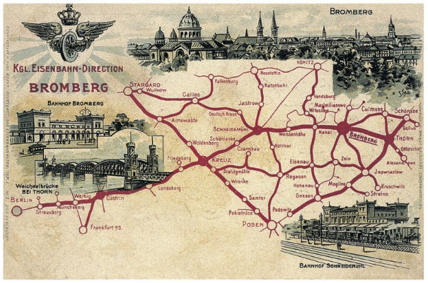 Ein detailliertes Plakat mit einer Karte von Bromberg, Deutschland, das Straßen, Gebäude, eine Brücke, Bäume und Text mit historischen und kulturellen Informationen zeigt.