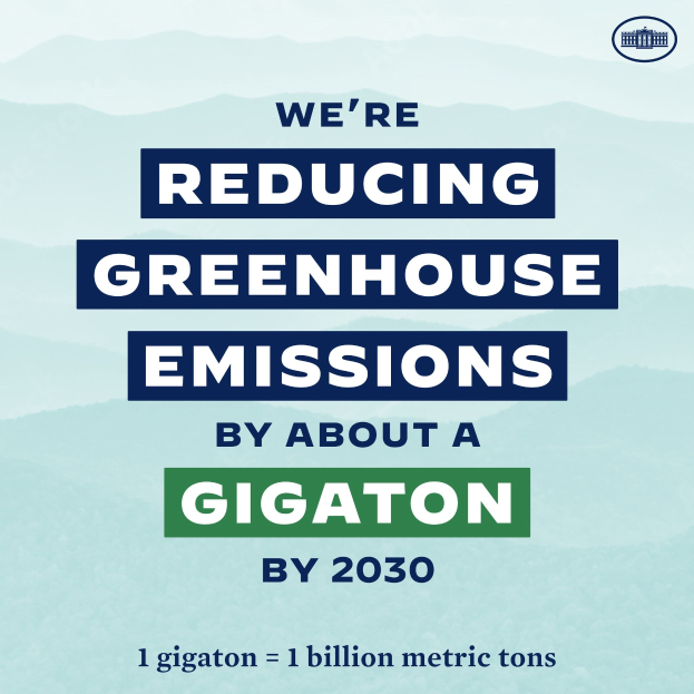 Plakat mit Text und Logo, auf dem "Wir reduzieren die Treibhausgasemissionen um etwa eine Gigatonne bis 2030" steht und für eine significativa Reduzierung der Treibhausgasemissionen bis 2030 wirbt.