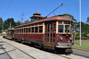 Ein Zug auf Schienen mit Polen, Kabeln, Bäumen und Häusern im Hintergrund.