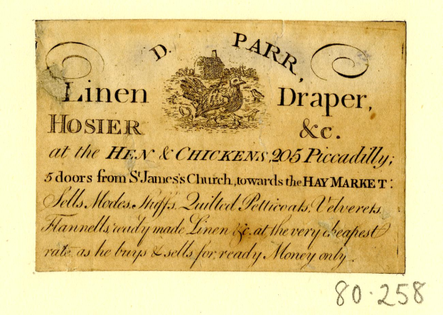 Realistische Illustration eines Huhns auf einer alten Visitenkarte mit sichtbarem Text.