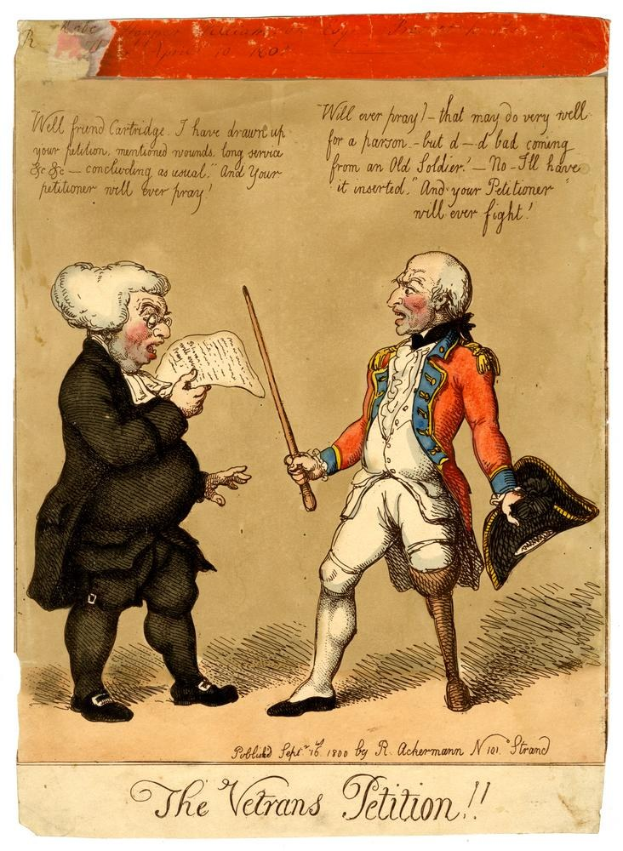Cartoon-Illustration eines Mannes mit einem Stock und einer Frau mit einem Papier, die sich unterhalten, mit dem Text "The Veterans Petition" unten.