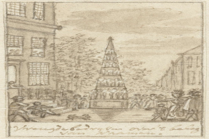 Eine Zeichnung einer Stadtstraße mit einem Kirchturm im Hintergrund, umgeben von Gebäuden, Bäumen und Menschen, mit Text unten lesend "Vreugdebadryt van van't baby van nassau".