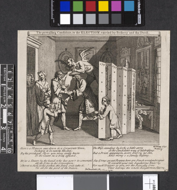 Eine Schwarz-Weiß-Radierung einer Gruppe von Menschen in einem Raum, die sich um ein zentrales Papier mit Text und Farboptionen oben versammeln, symbolisiert eine korrupte Wahl.