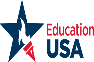 Ein blauer Stern mit den Worten "Education USA" darunter in Weiß, umgeben von einem weißen Kreis mit blauer Umrandung.