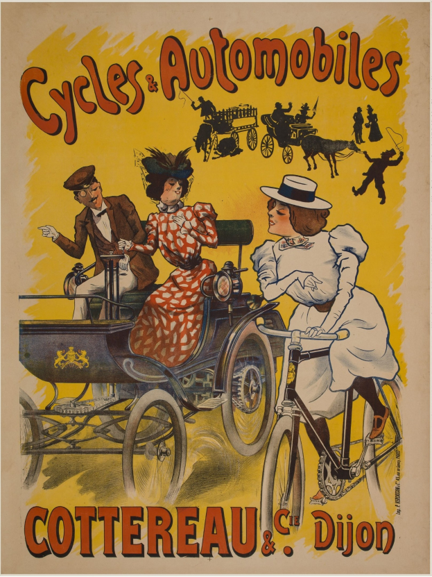 Plakat zur Ankündigung von Fahrrädern und Automobilen in Cottereau und Dijon, Frankreich, mit Menschen auf Fahrrädern und einer Kutsche mit "Fahrräder und Automobile" oben drauf.