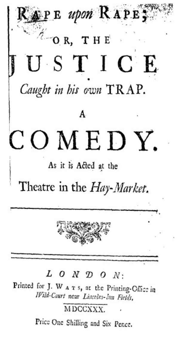 Schwarz-weißes Plakat mit der überschrift "Vergewaltigung über Vergewaltigung oder die Justiz in ihrer eigenen Falle" in fetter schwarzer Schrift, wahrscheinlich Ankündigung einer Comedy-Show.