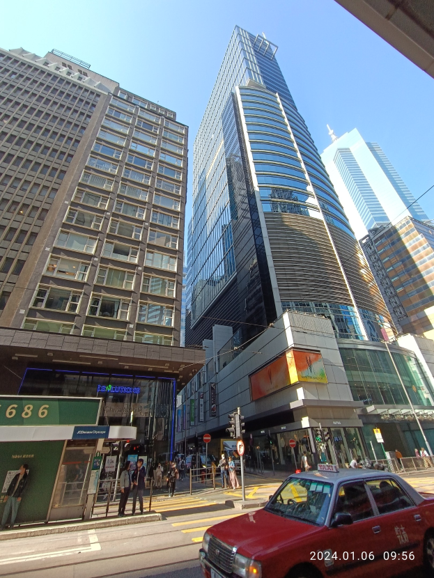 Roter Wagen fährt auf einer von hohen Wolkenkratzern gesäumten Stadtstraße, Fußgänger auf dem Bürgersteig, Verkehrsampeln, Schilder und Namenskarten sind sichtbar.