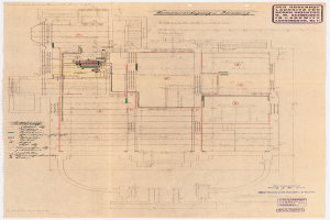 Ein detaillierter architektonischer Entwurf des Rosenhof-Krankenhauses in Hamburg, Deutschland, mit einem Gebäude mit zahlreichen Drähten und Texten, die den Aufbau beschreiben, einschließlich Räumen, Fluren und anderen Merkmalen.