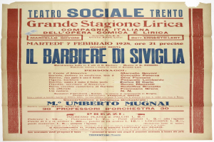 Plakatankündigung eines Konzerts im Teatro Sociale Trento in Rom, Italien, mit Text, der das Ereignis beschreibt.