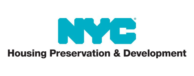 Weißer Hintergrund mit zentrierter fetter schwarzer Schrift "NYC Housing Preservation & Development" in einem modernen Schriftzug, umgeben von einem schmalen schwarzen Rand.