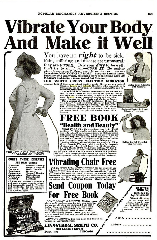 Ein Plakat zeigt eine Frau in einem weißen Kleid mit einem gemusterten Schal, die Arme verschränkt und den Kopf hoch erhoben, mit der fetten Schrift 'Vibriere deinen Körper und mache ihn gesund.'