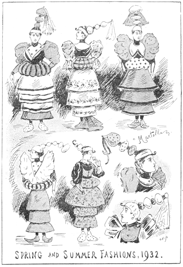 Eine Zeitung mit einer Zeichnung mehrerer Frauen in 1932 Frühjahr- und Sommer-Kleider, begleitet von beschreibendem Text.